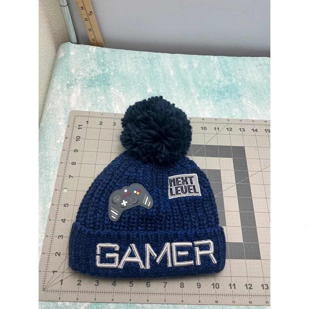 Childrens Place Gamer Beanie Boys L/XL Blue Excellent Pom Pom Fleece Lined Hat